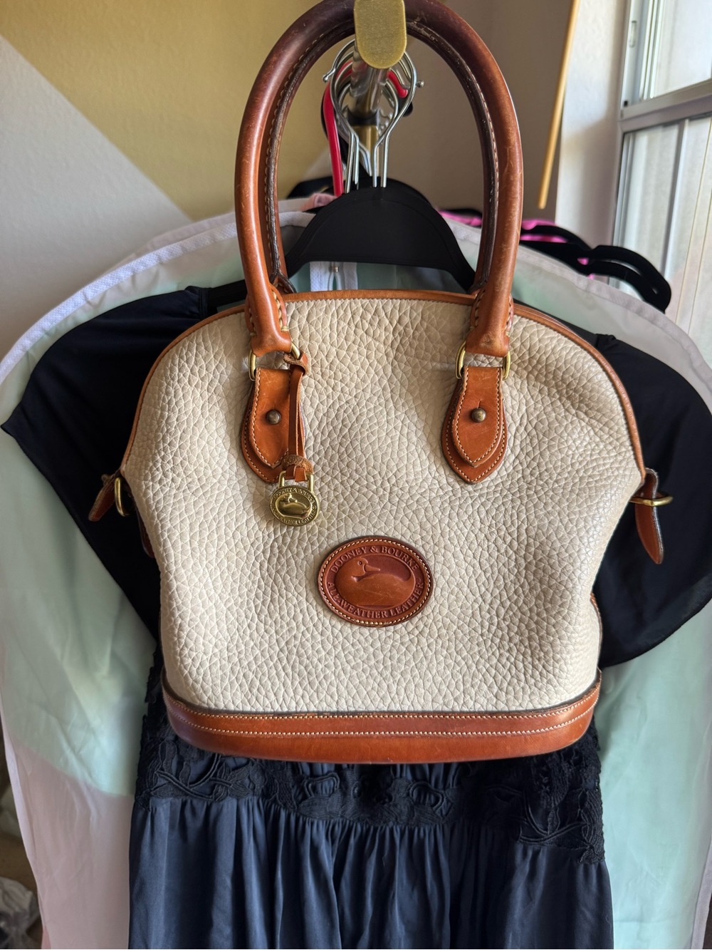 Authenticated Dooney & Bourke Cream Pebbled Leather Satchel with Brown Trim